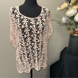 Cato Blush Pink Floral Lace Crochet Overlay Top Short Sleeve 22/24W Boho